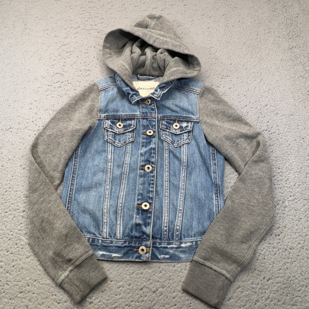 Abercrombie Kids Denim Jacket Boys XL Blue Gray Hooded Sweatshirt Sleeve Casual